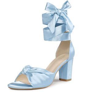 Satin Open Toe Lace Up Block Heels Heels Sandals Light Blue